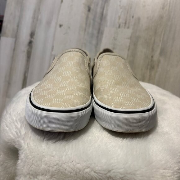 VANS Women's Size 7.5 Checkerboard Slip On Canvas Sneakers Tan/White - Picture 3 of 9